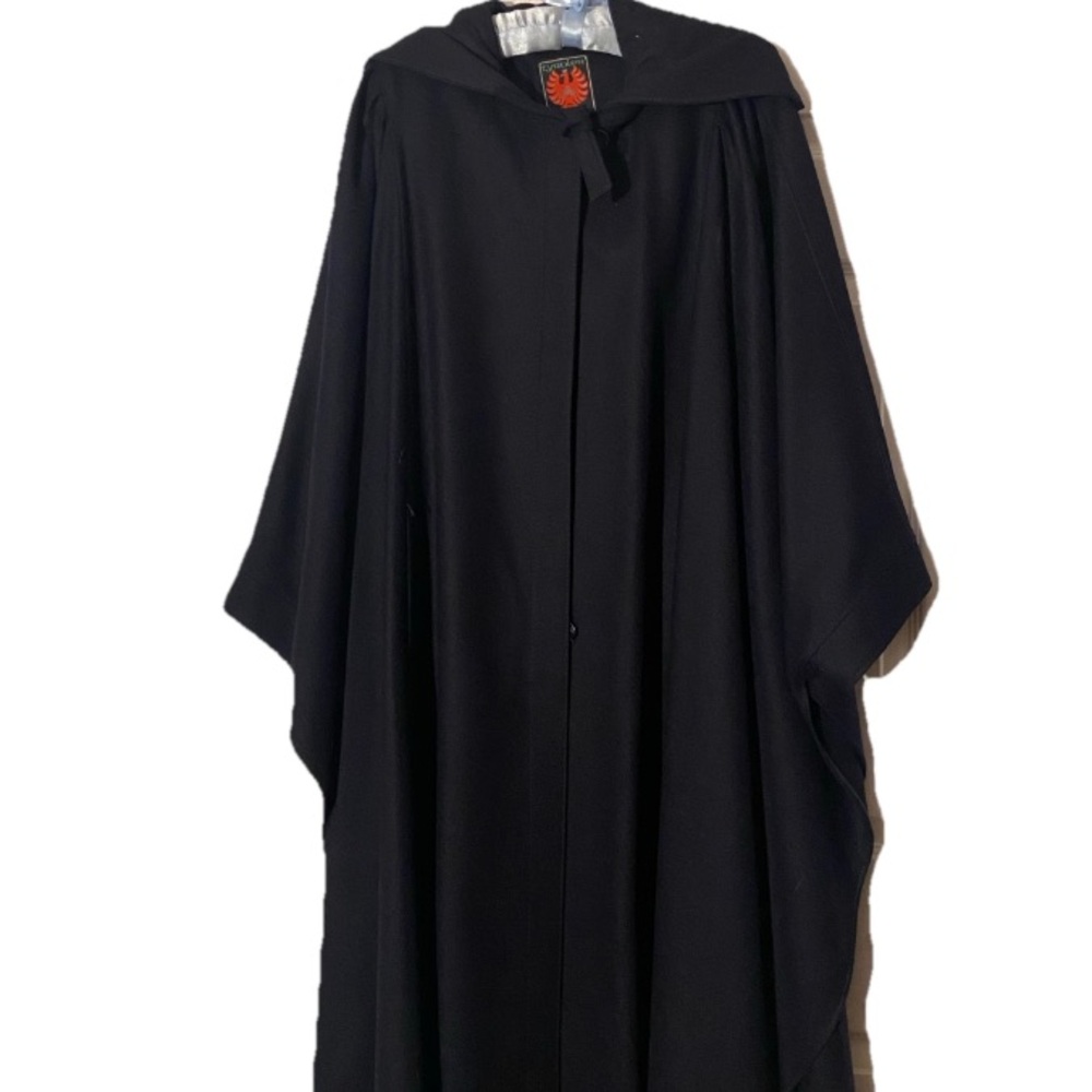 Tyroler Loden Austria Black  Wool Maxi Cape Poncho Hoodie Coat  sz 40 VTG